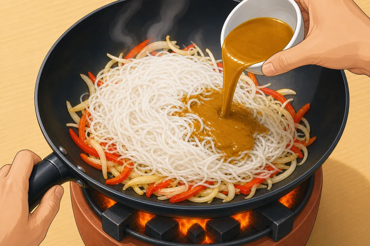 Noodles and sauce first, a few tosses — then everything else back in.
