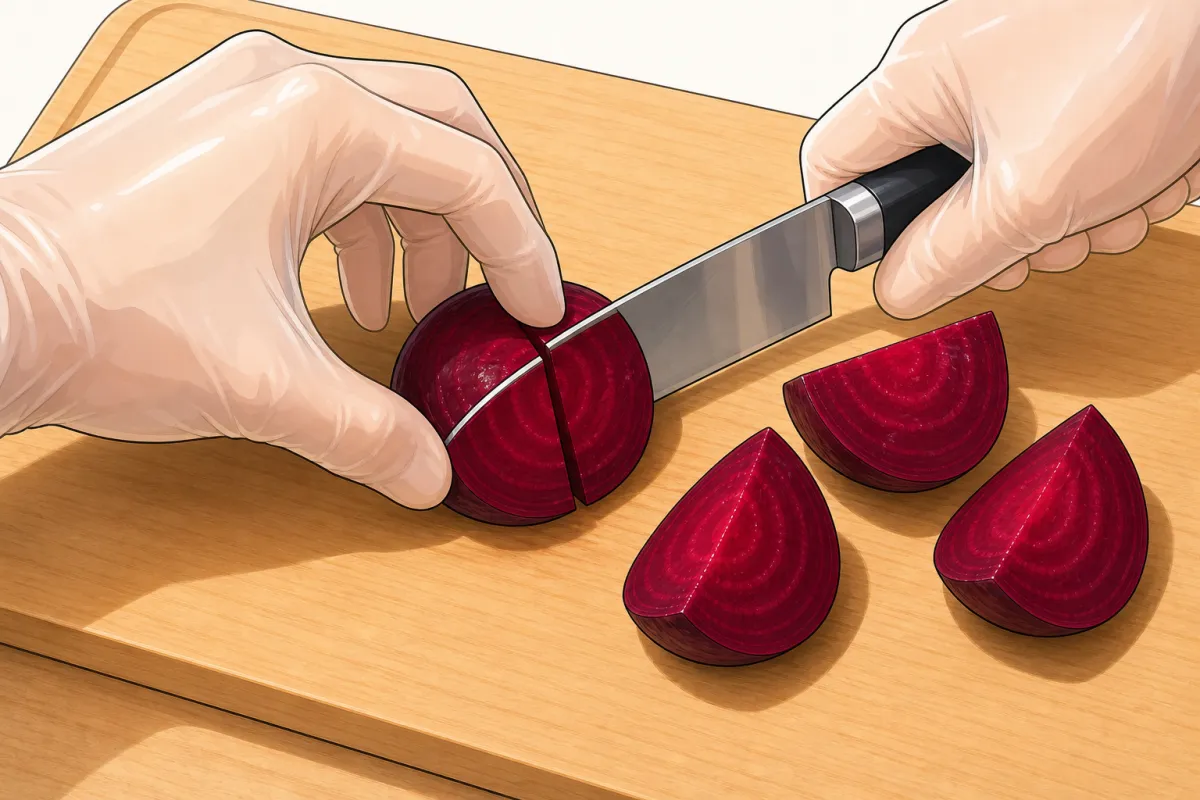 Cut each beet into quarters — fingertips tucked.