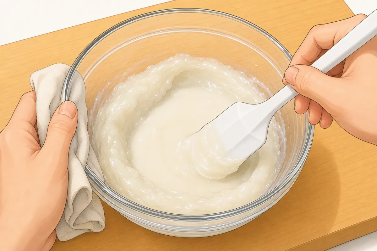 1 minute, then stir hard with a wet spatula: the edges set first.
