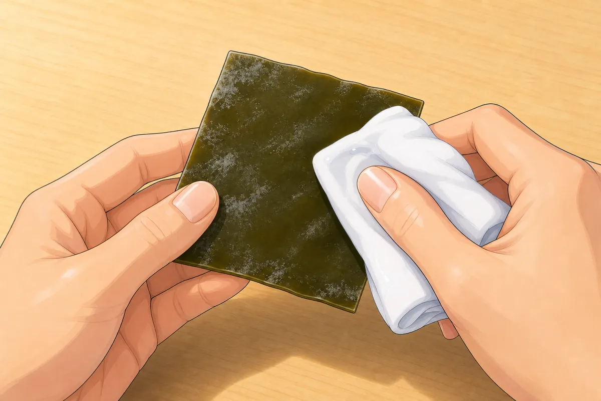 Wipe the kombu with a damp cloth — keep the white bloom.