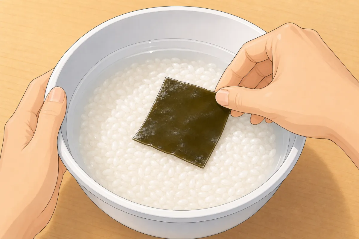 Water 1 : 1 by volume, kombu on top, soak 20–30 minutes.