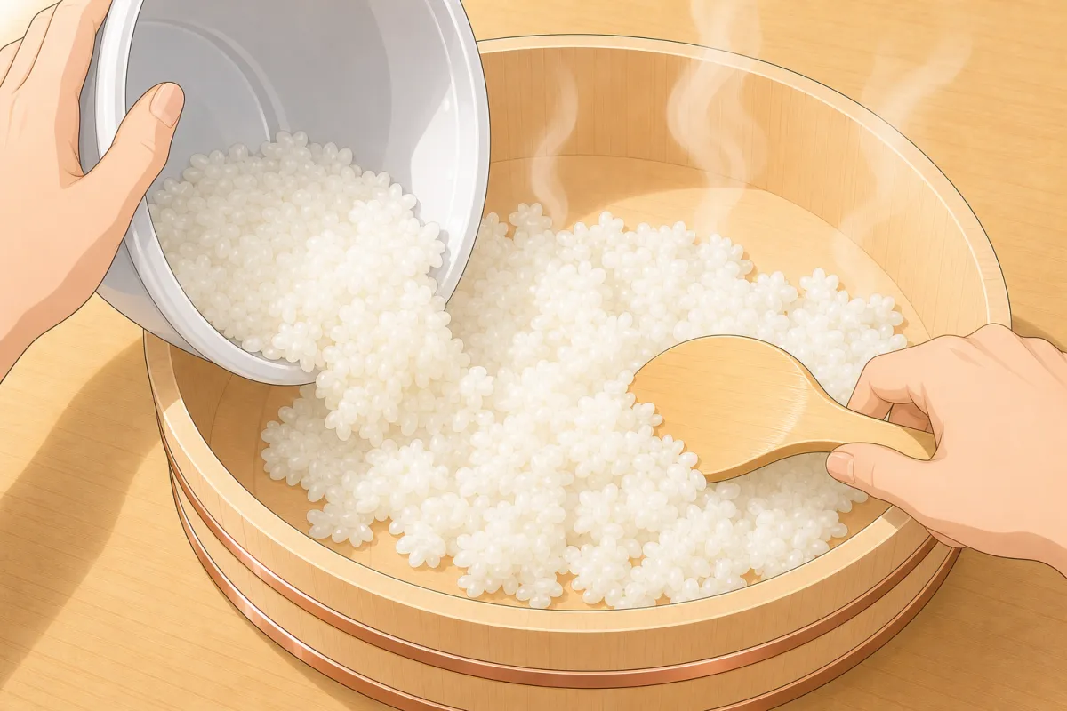 Turn the hot rice into the tub and spread it out.