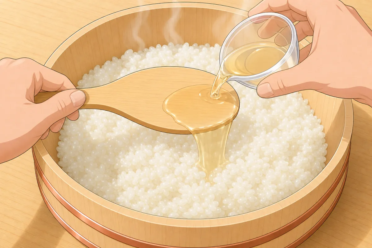 Pour the sushi-zu over the paddle so it spreads evenly.