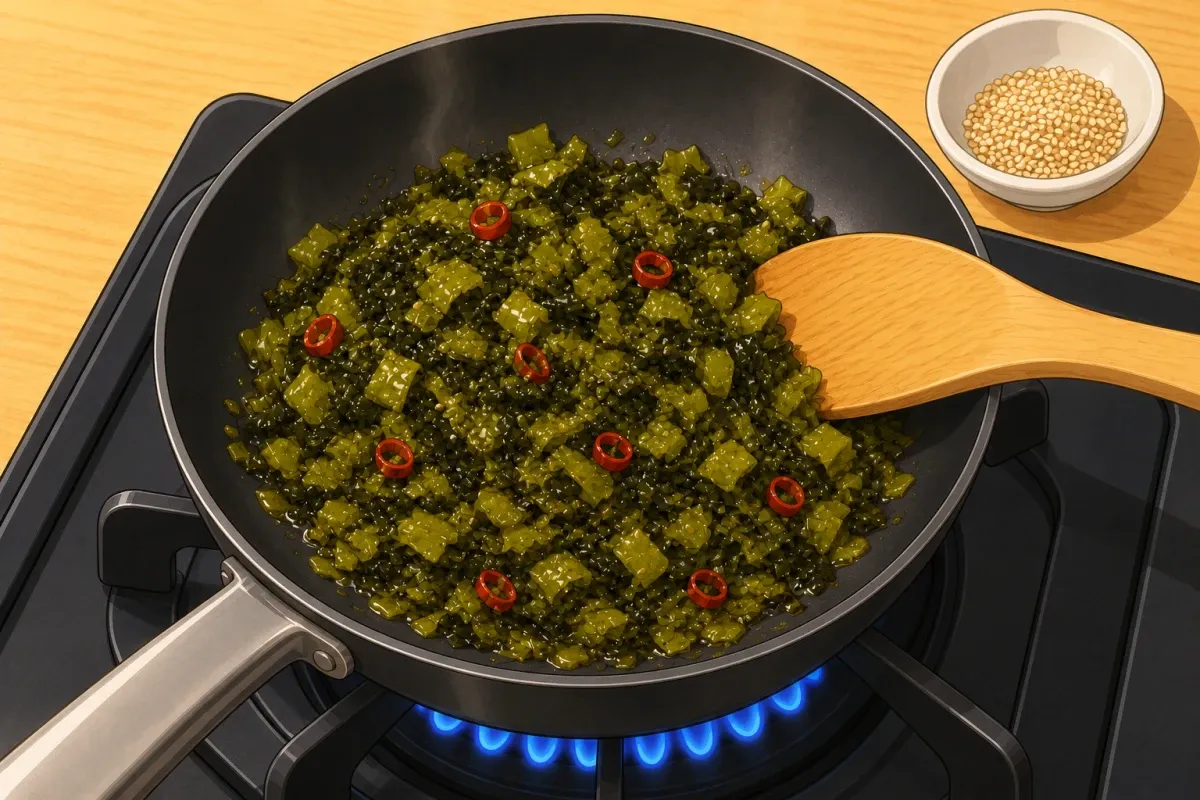 Fry the dry greens with sesame oil and chilli for 2–3 minutes; add soy, then sesame seeds at the end.