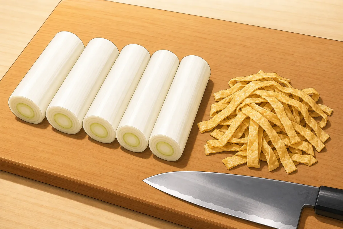 Cut the leek and tofu pouch