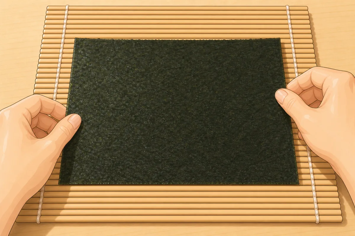 Nori rough side up on plastic wrap over the mat.
