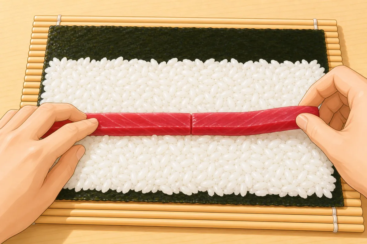 Flip it so the rice faces down; line the nori up with the near edge.
