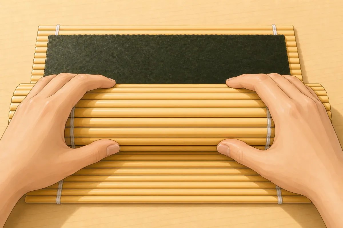 Fingers hold the filling; thumbs lift the near edge of the mat.