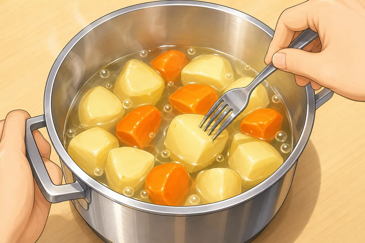 Boil the potato and carrot until fork tender, about 10 minutes.