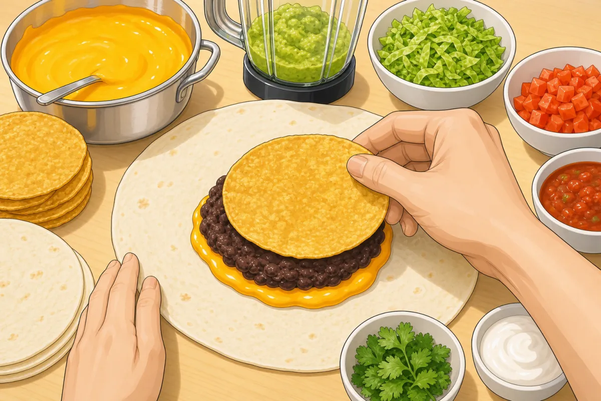 Cheese in the centre, then the filling, then the tostada.