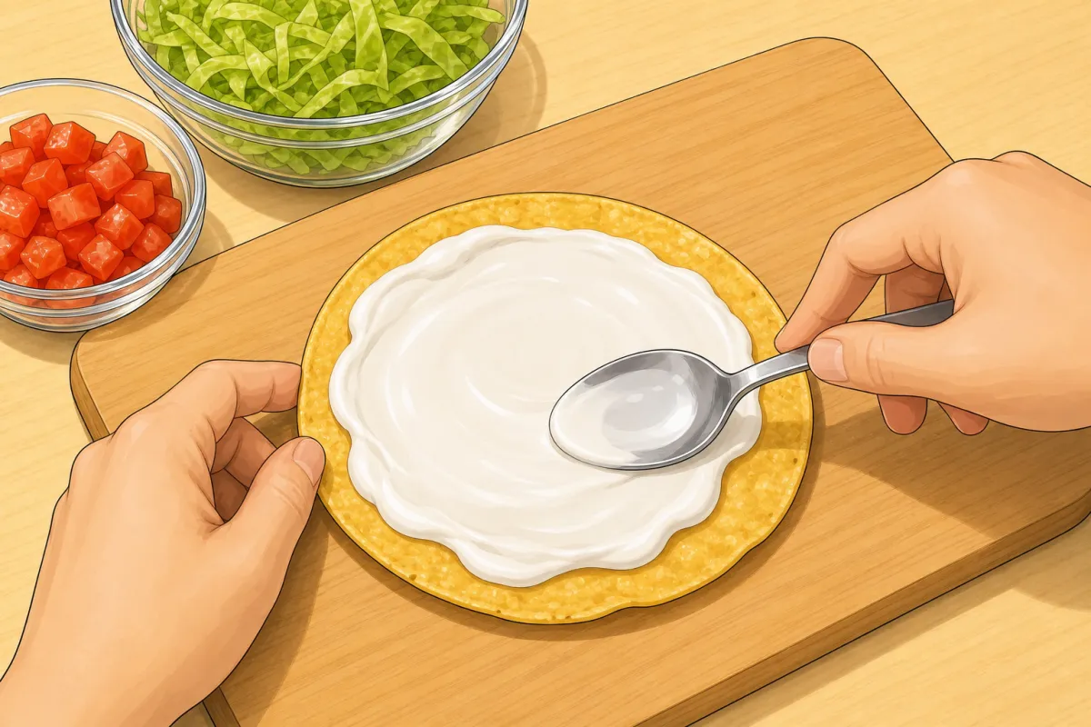 Sour cream on the tostada, then tomato, lettuce, salsa, guac and cilantro.