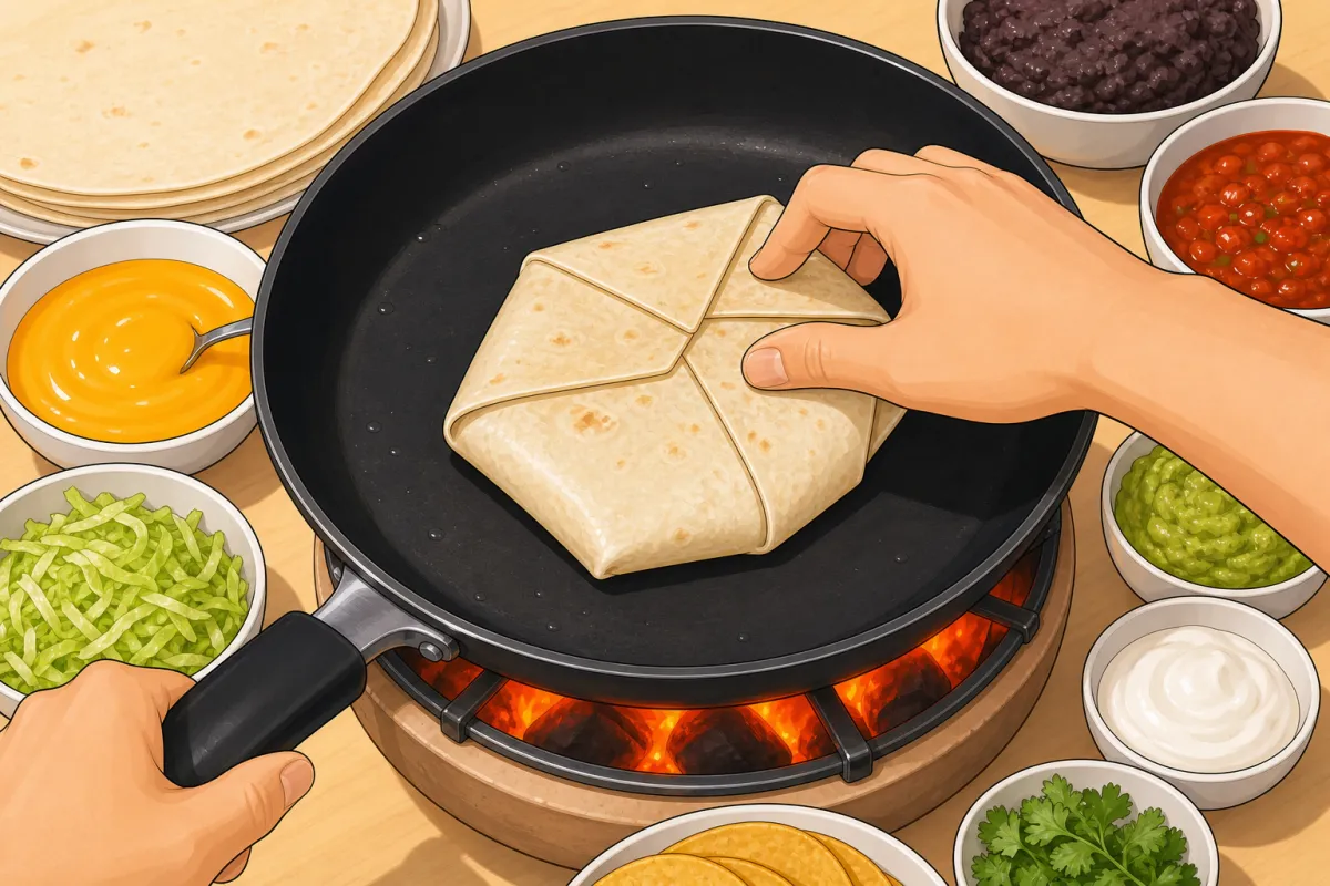 Seam-side DOWN in a dry pan, press gently, 2–3 minutes.