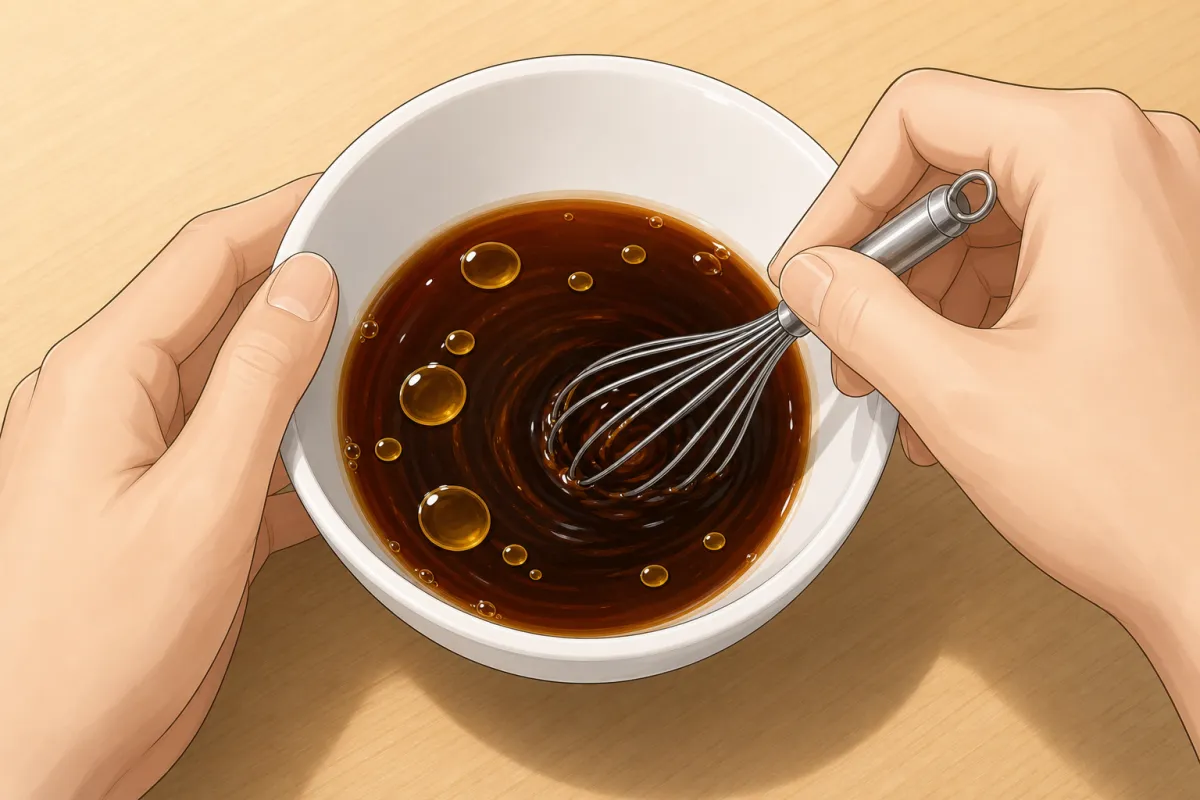 Soy and sugar, microwaved hot and whisked; then the sesame oil and salt.