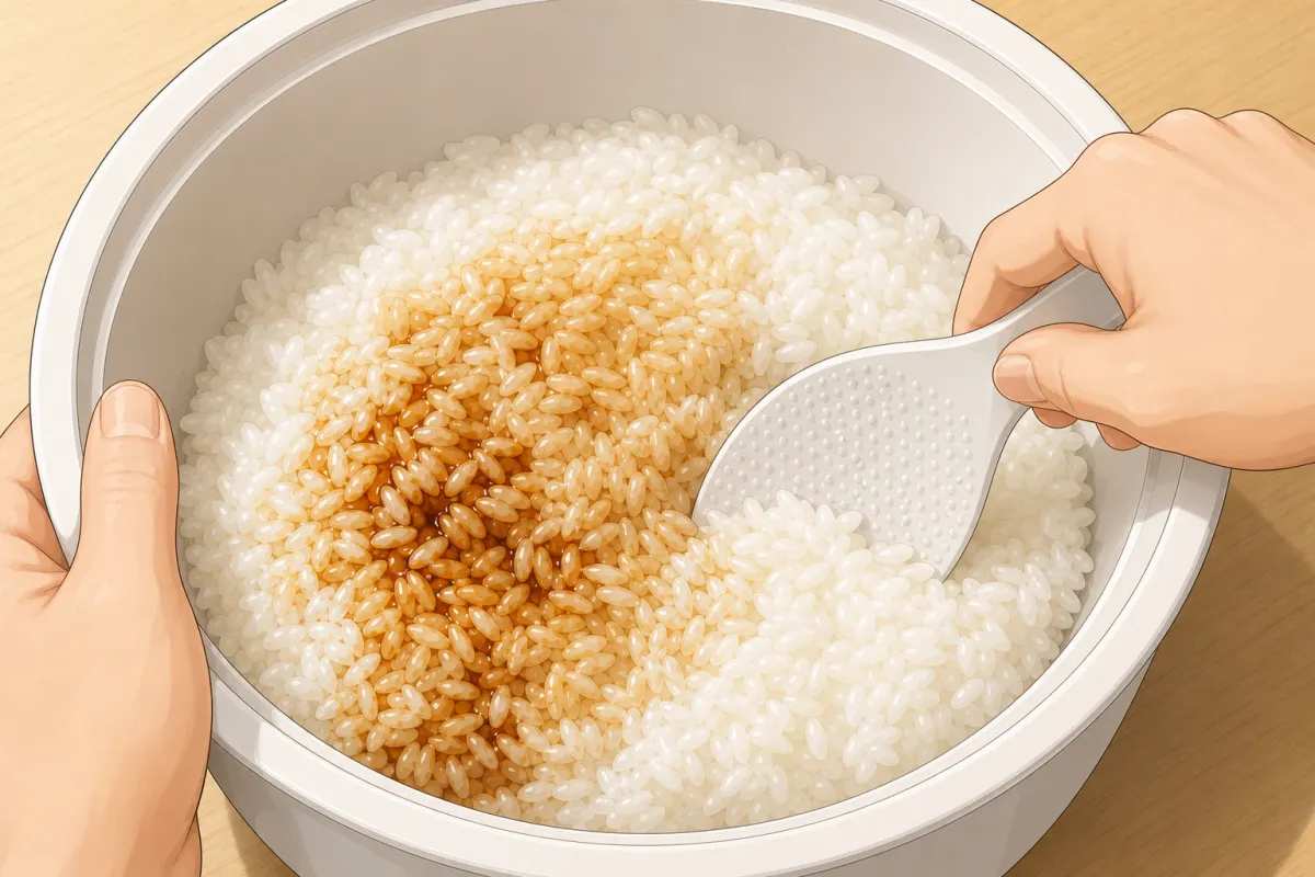 Fold it through the hot rice with a slicing motion — don't mash.