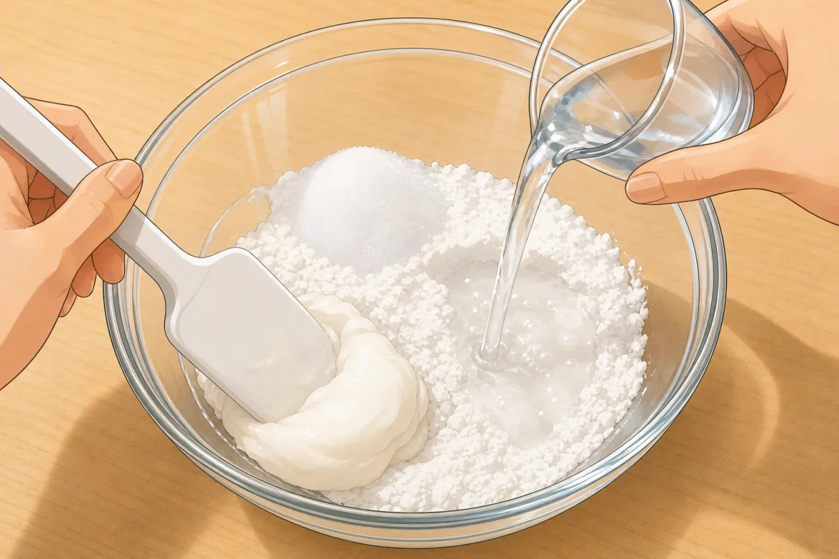 Add the water a little at a time and press out the lumps.