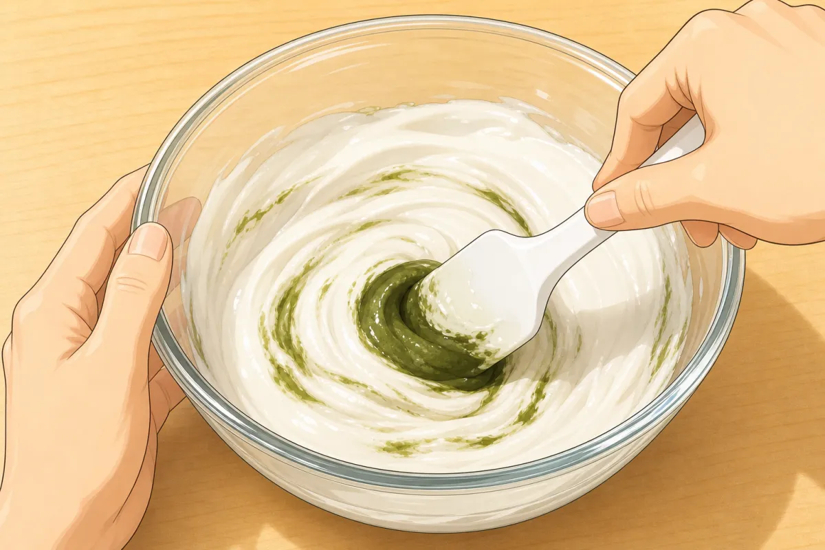 Stir in the yomogi paste until the batter is one even green.