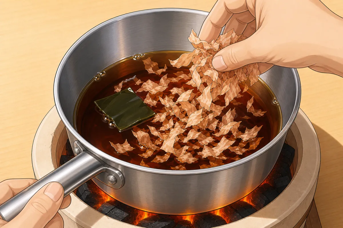 Add the kombu and the bonito flakes.